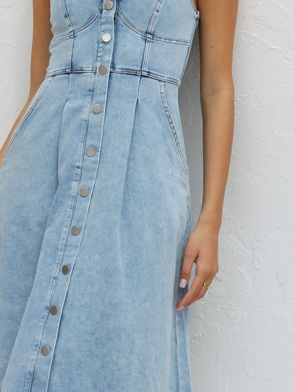 Light blue denim buttoned suspender midi skirt-[Adult]-[Female]-2022 Online Blue Zone Planet