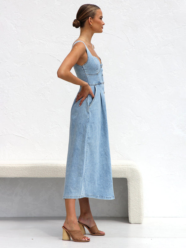 Light blue denim buttoned suspender midi skirt-[Adult]-[Female]-2022 Online Blue Zone Planet