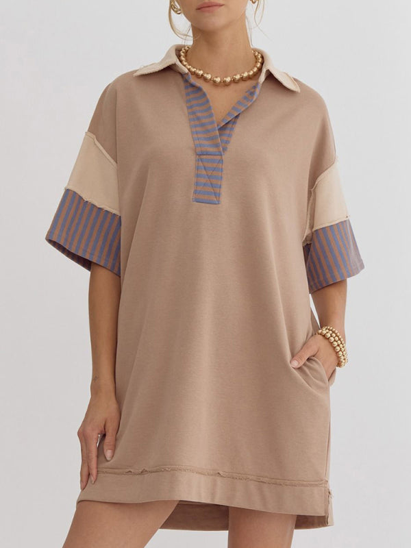 Cotton Striped Solid Color Polo Lapel Loose T-shirt Short Skirt-[Adult]-[Female]-Khaki-S-2022 Online Blue Zone Planet