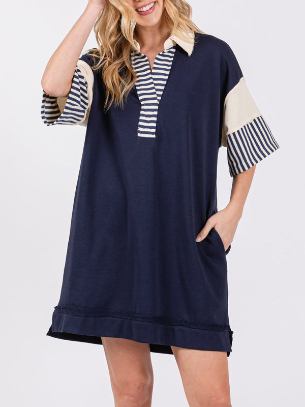 Cotton Striped Solid Color Polo Lapel Loose T-shirt Short Skirt-[Adult]-[Female]-Champlain color-S-2022 Online Blue Zone Planet