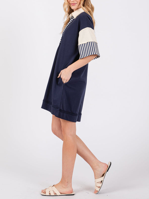 Cotton Striped Solid Color Polo Lapel Loose T-shirt Short Skirt-[Adult]-[Female]-2022 Online Blue Zone Planet