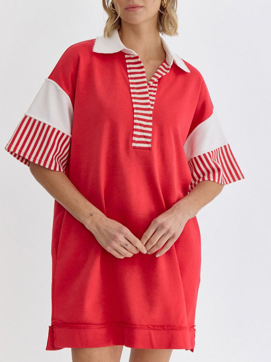 Cotton Striped Solid Color Polo Lapel Loose T-shirt Short Skirt-[Adult]-[Female]-Red-S-2022 Online Blue Zone Planet