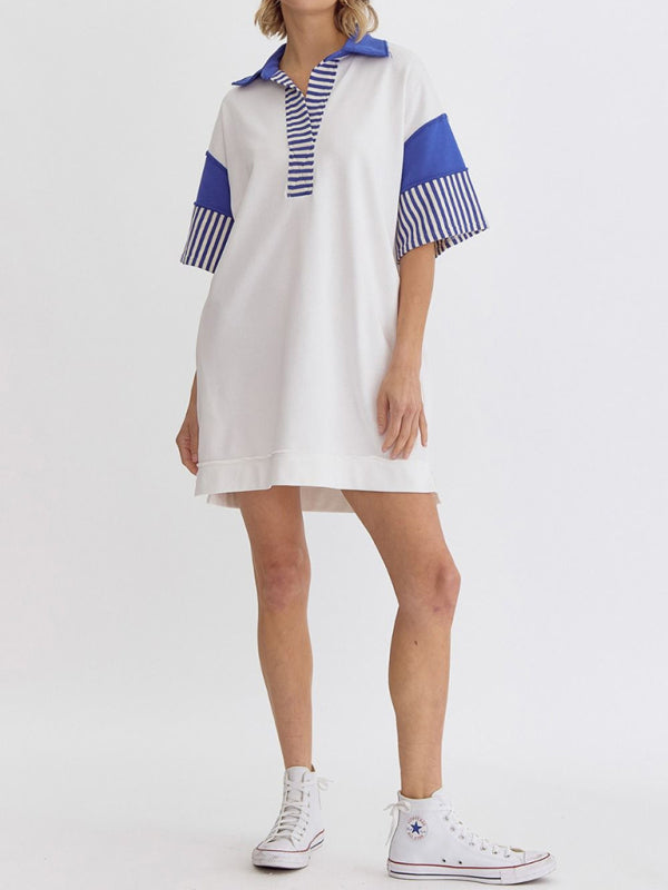 Cotton Striped Solid Color Polo Lapel Loose T-shirt Short Skirt-[Adult]-[Female]-2022 Online Blue Zone Planet