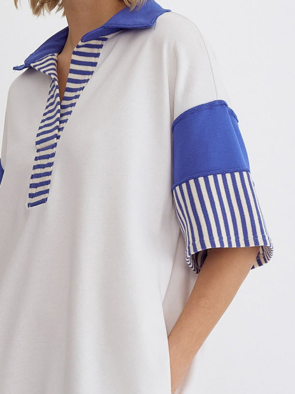 Cotton Striped Solid Color Polo Lapel Loose T-shirt Short Skirt-[Adult]-[Female]-2022 Online Blue Zone Planet