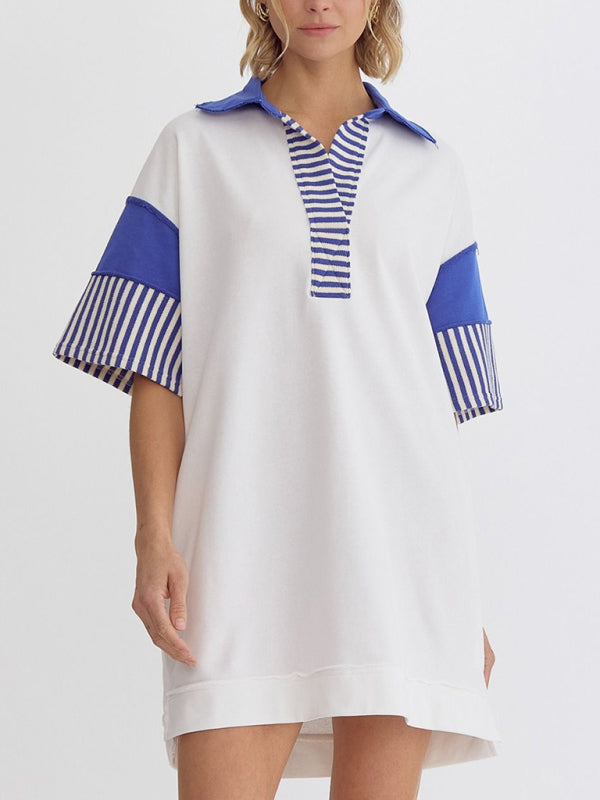 Cotton Striped Solid Color Polo Lapel Loose T-shirt Short Skirt-[Adult]-[Female]-White-S-2022 Online Blue Zone Planet