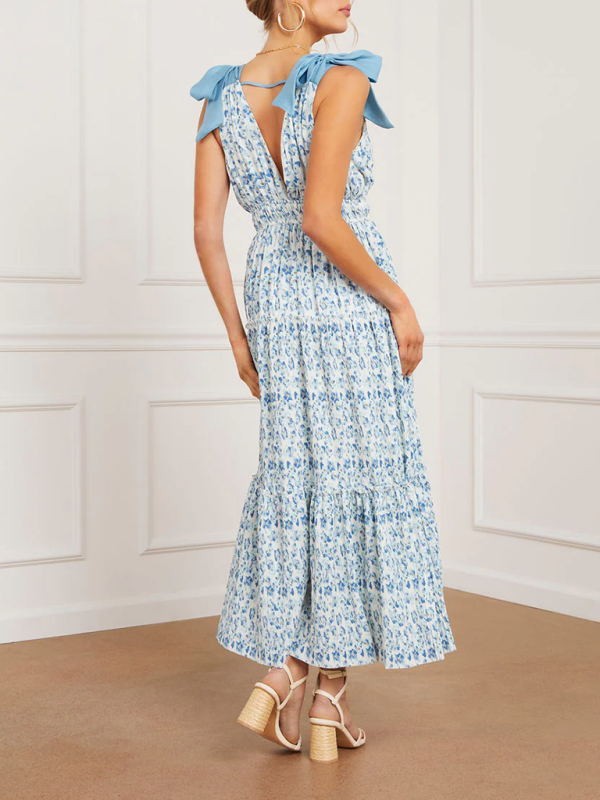 Rita's Floral Print Waist Bow Strap Maxi Dress-TOPS / DRESSES-[Adult]-[Female]-2022 Online Blue Zone Planet