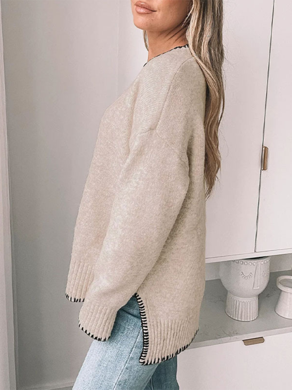 Round neck long sleeve sweater solid color all-match split pullover sweater-[Adult]-[Female]-2022 Online Blue Zone Planet