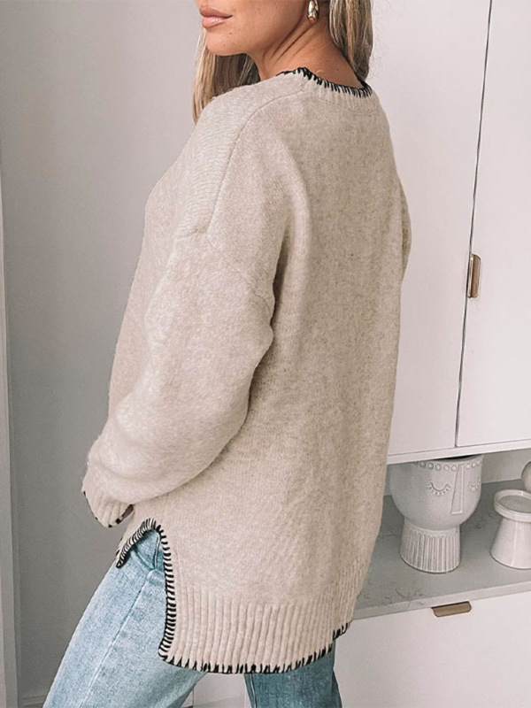 Round neck long sleeve sweater solid color all-match split pullover sweater-[Adult]-[Female]-2022 Online Blue Zone Planet