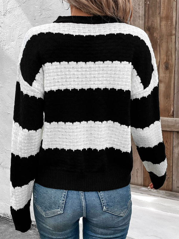 Black and white contrast striped knitted pullover-[Adult]-[Female]-2022 Online Blue Zone Planet