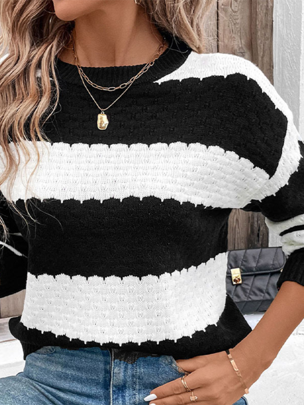 Black and white contrast striped knitted pullover-[Adult]-[Female]-2022 Online Blue Zone Planet