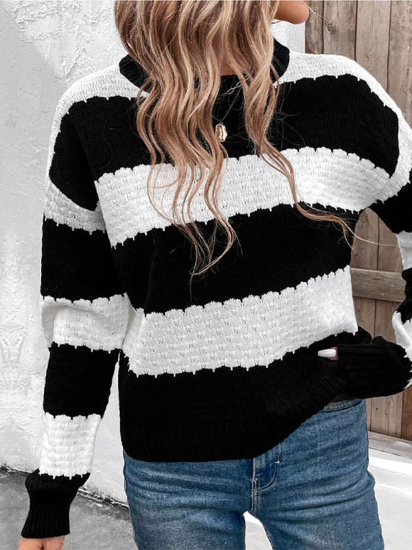 Black and white contrast striped knitted pullover-[Adult]-[Female]-2022 Online Blue Zone Planet