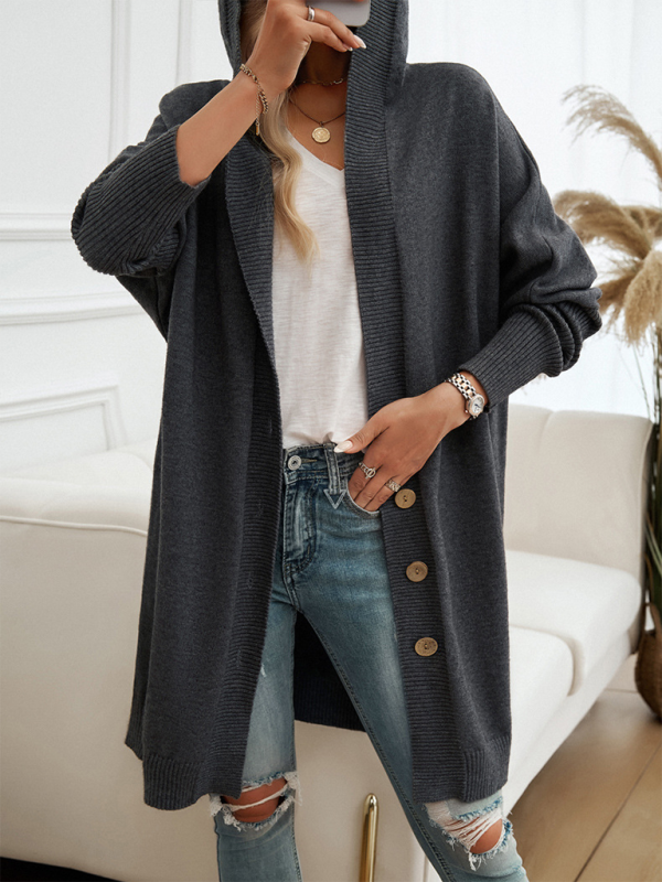 Blue Zone Planet | Loose Cardigan Button-Down Hooded Sweater Jacket-TOPS / DRESSES-[Adult]-[Female]-2022 Online Blue Zone Planet