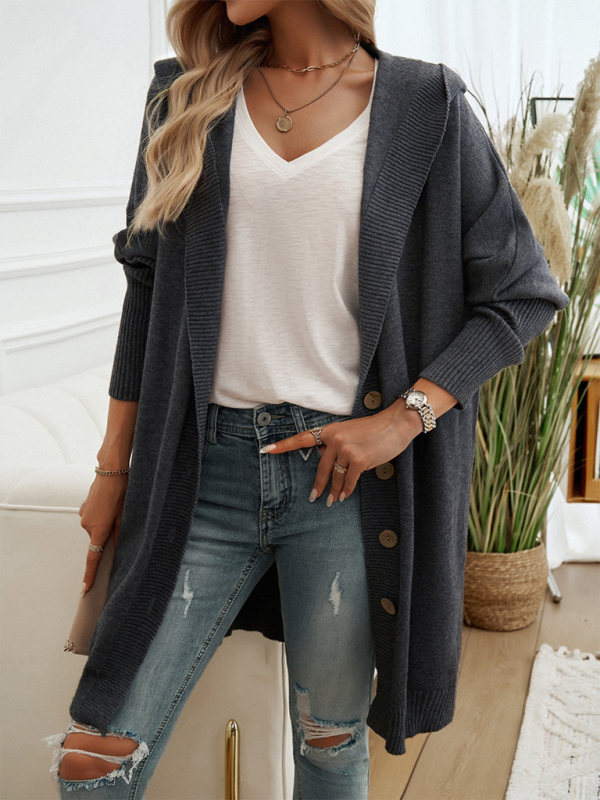 Blue Zone Planet | Loose Cardigan Button-Down Hooded Sweater Jacket-TOPS / DRESSES-[Adult]-[Female]-2022 Online Blue Zone Planet