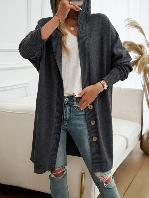 Blue Zone Planet | Loose Cardigan Button-Down Hooded Sweater Jacket-TOPS / DRESSES-[Adult]-[Female]-2022 Online Blue Zone Planet