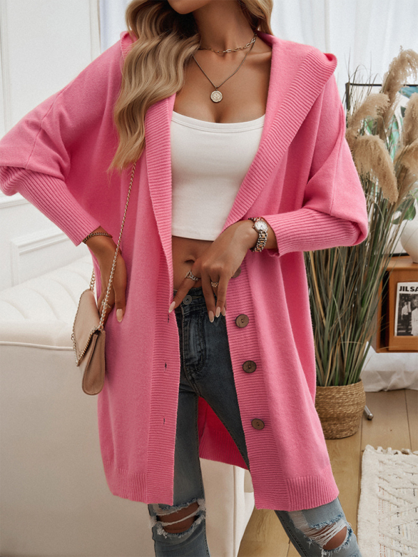 Blue Zone Planet | Loose Cardigan Button-Down Hooded Sweater Jacket-TOPS / DRESSES-[Adult]-[Female]-Pink-S-2022 Online Blue Zone Planet