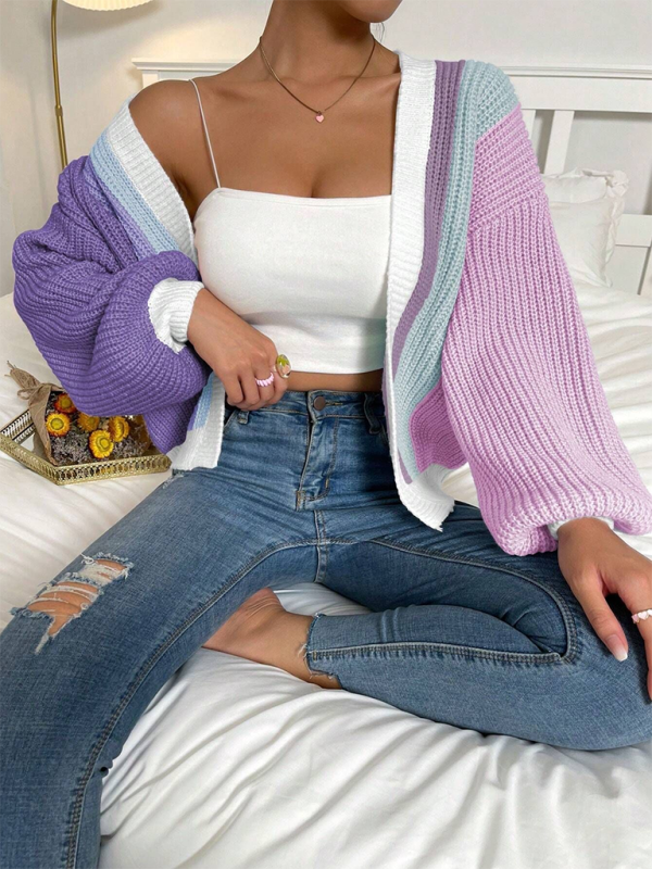 Luna's Knitted Cardigan with Contrast Colors-TOPS / DRESSES-[Adult]-[Female]-Purple-S-2022 Online Blue Zone Planet