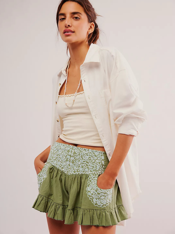 Ruffled Low Rise Embroidered Ruffle Pocket Shorts-[Adult]-[Female]-Olive green-S-2022 Online Blue Zone Planet