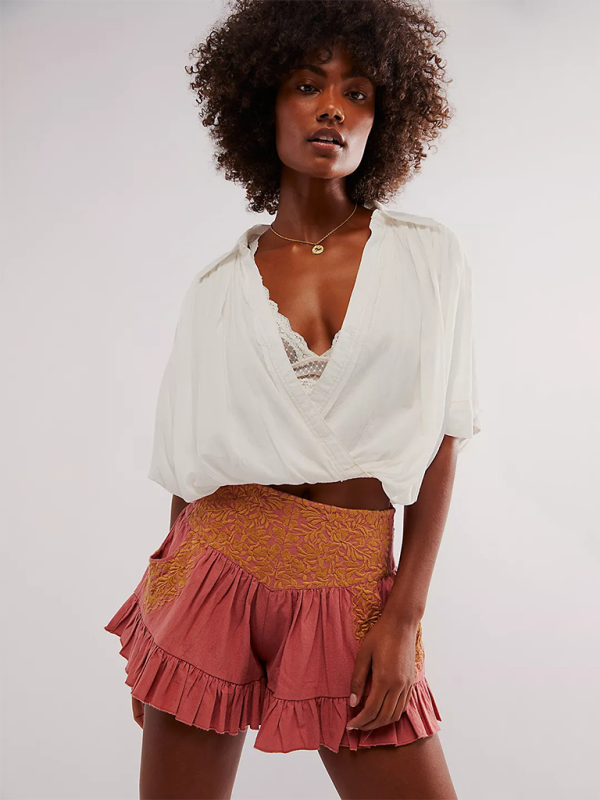 Ruffled Low Rise Embroidered Ruffle Pocket Shorts-[Adult]-[Female]-Brick red-S-2022 Online Blue Zone Planet