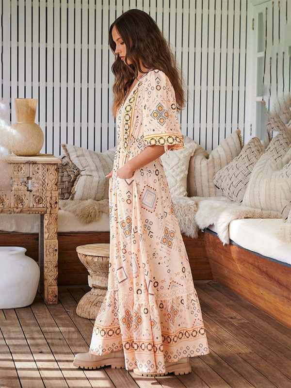 Bohemian Print V-Neck Button-Down Dress-[Adult]-[Female]-2022 Online Blue Zone Planet