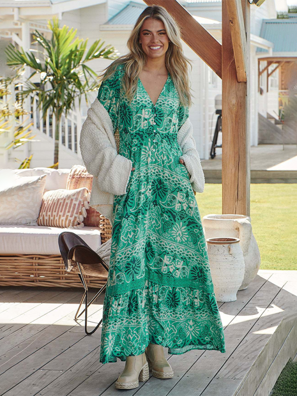 Bohemian Print V-Neck Button-Down Dress-[Adult]-[Female]-2022 Online Blue Zone Planet