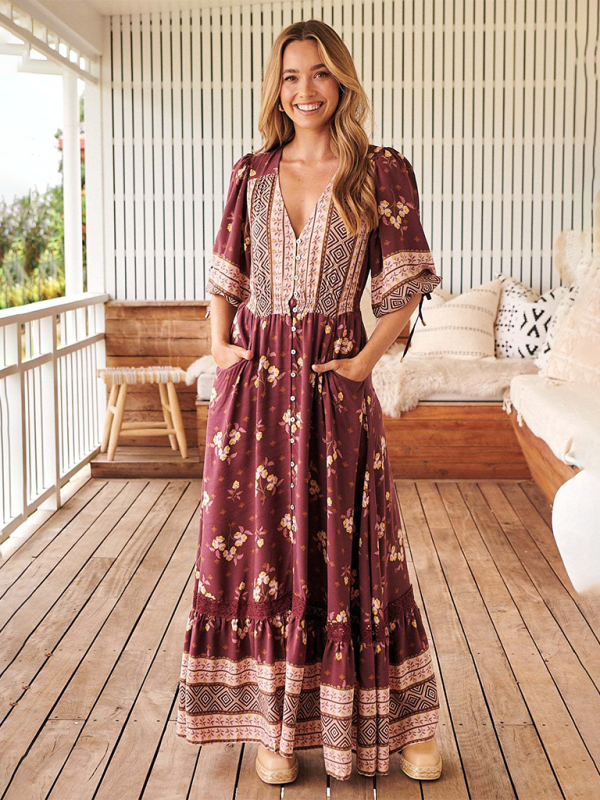 Bohemian Print V-Neck Button-Down Dress-[Adult]-[Female]-2022 Online Blue Zone Planet