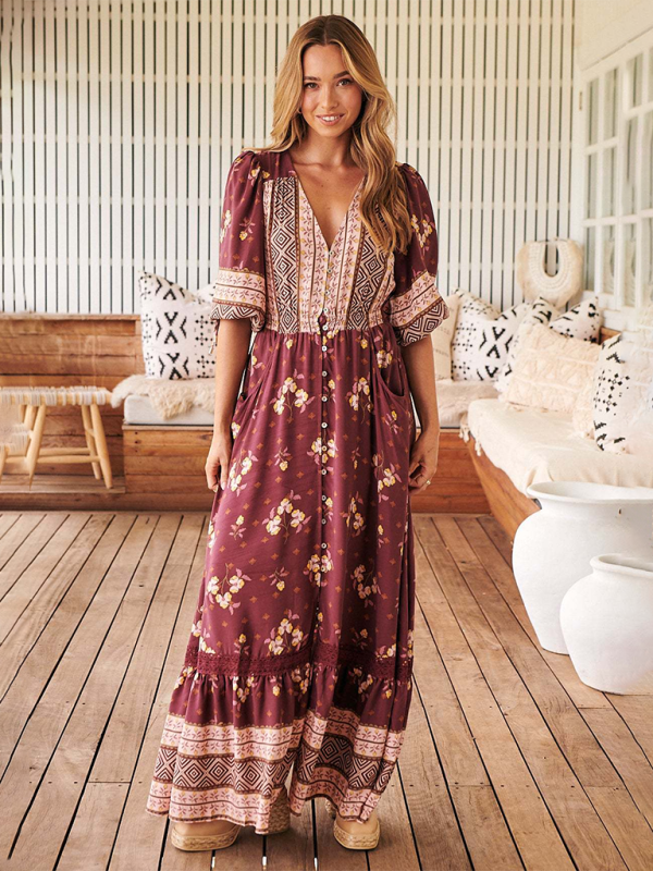 Blue Zone Planet Ava s Boho V Neck Button Down Maxi Dress