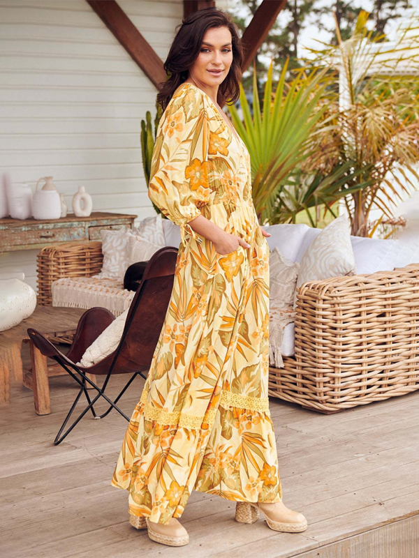 Bohemian Print V-Neck Button-Down Dress-[Adult]-[Female]-2022 Online Blue Zone Planet