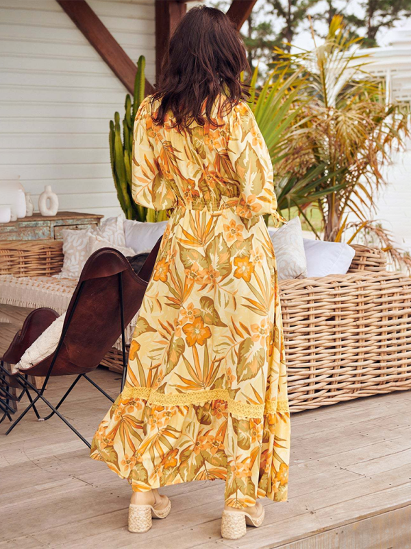 Bohemian Print V-Neck Button-Down Dress-[Adult]-[Female]-2022 Online Blue Zone Planet