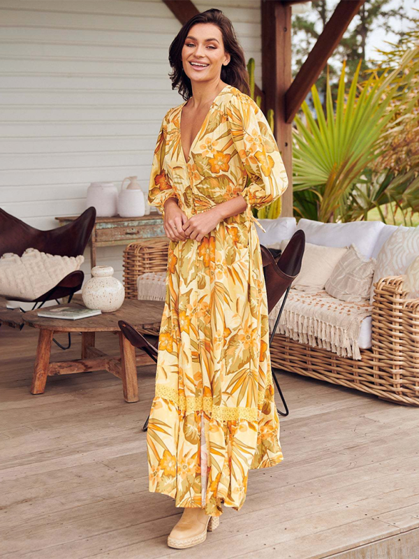 Bohemian Print V-Neck Button-Down Dress-[Adult]-[Female]-2022 Online Blue Zone Planet