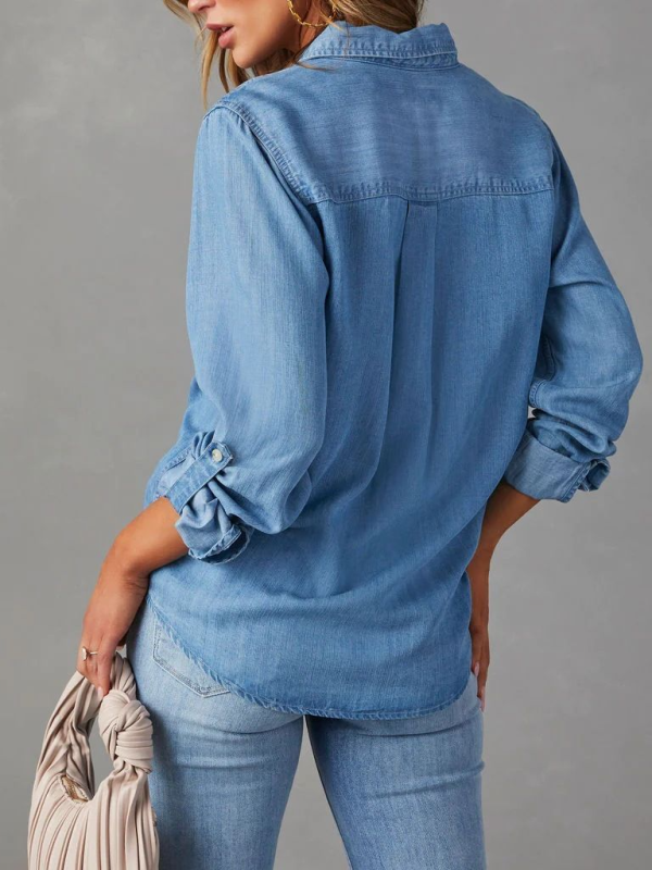 lapel single-breasted long-sleeved denim shirt-[Adult]-[Female]-2022 Online Blue Zone Planet