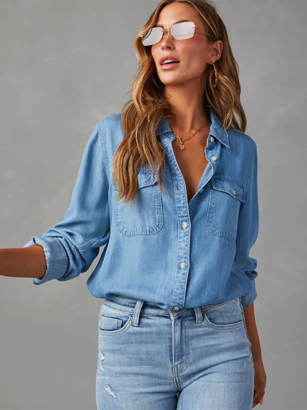 lapel single-breasted long-sleeved denim shirt-[Adult]-[Female]-2022 Online Blue Zone Planet