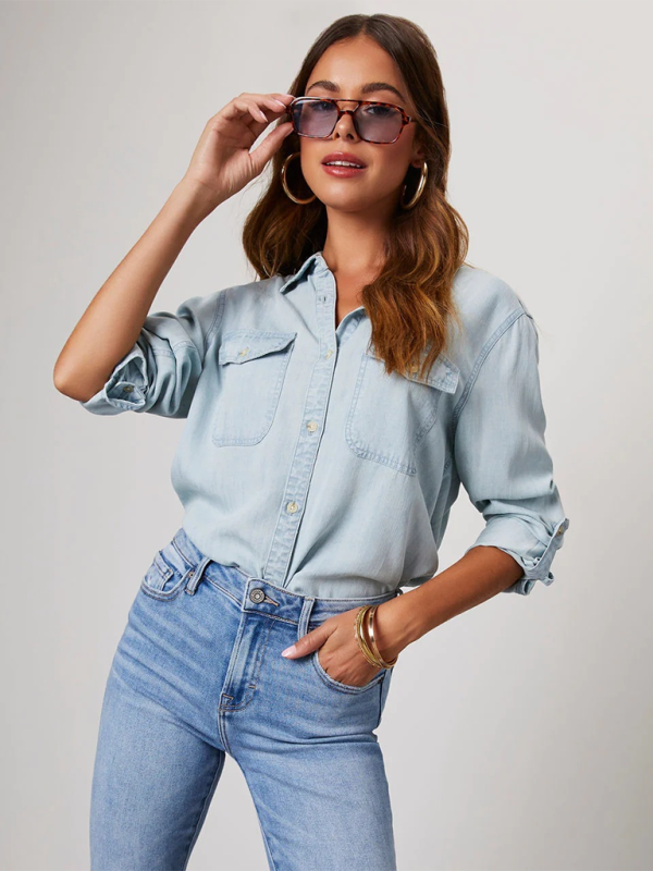 lapel single-breasted long-sleeved denim shirt-[Adult]-[Female]-Clear blue-S-2022 Online Blue Zone Planet