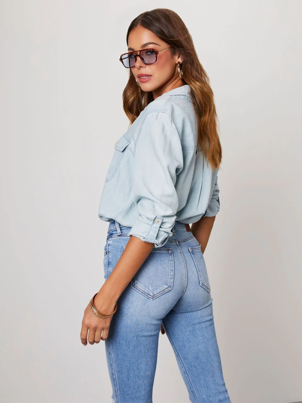 lapel single-breasted long-sleeved denim shirt-[Adult]-[Female]-2022 Online Blue Zone Planet