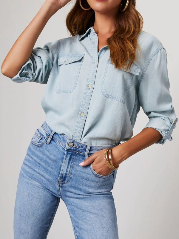 lapel single-breasted long-sleeved denim shirt-[Adult]-[Female]-2022 Online Blue Zone Planet