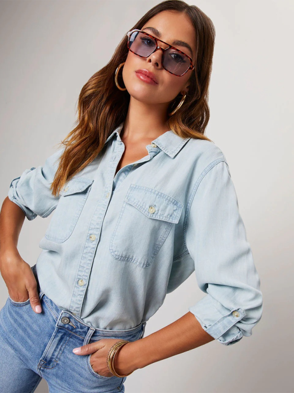 lapel single-breasted long-sleeved denim shirt-[Adult]-[Female]-2022 Online Blue Zone Planet