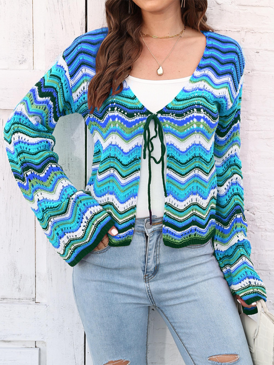 Rainbow Wave Woven Cardigan Sweater with Monochrome Stripes-[Adult]-[Female]-Blue-S-2022 Online Blue Zone Planet