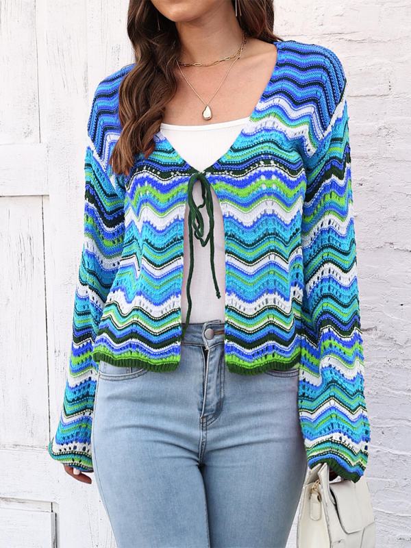 Rainbow Wave Woven Cardigan Sweater with Monochrome Stripes-[Adult]-[Female]-2022 Online Blue Zone Planet