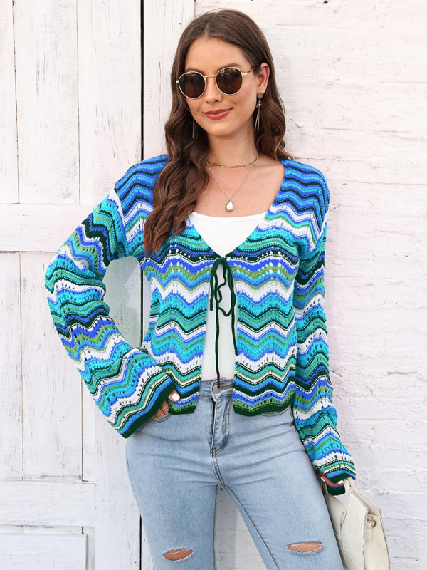 Rainbow Wave Woven Cardigan Sweater with Monochrome Stripes-[Adult]-[Female]-2022 Online Blue Zone Planet