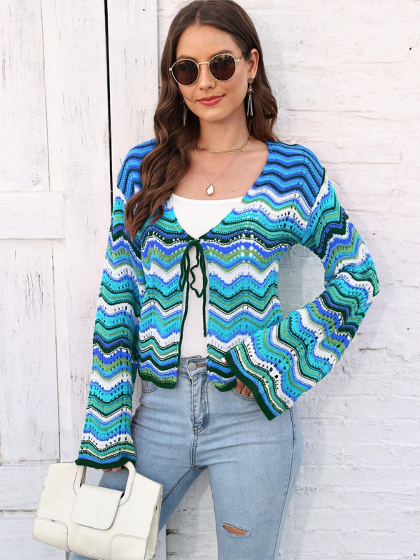 Rainbow Wave Woven Cardigan Sweater with Monochrome Stripes-[Adult]-[Female]-2022 Online Blue Zone Planet