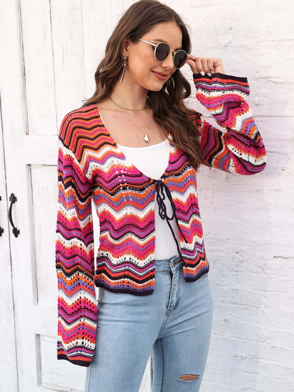 Rainbow Wave Woven Cardigan Sweater with Monochrome Stripes-[Adult]-[Female]-2022 Online Blue Zone Planet