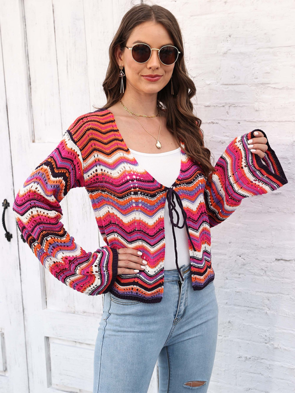 Rainbow Wave Woven Cardigan Sweater with Monochrome Stripes-[Adult]-[Female]-2022 Online Blue Zone Planet