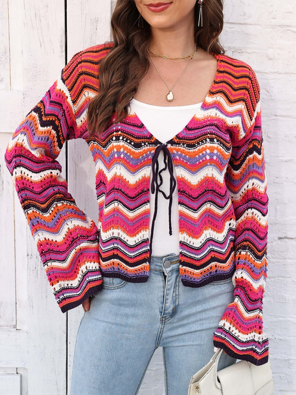 Rainbow Wave Woven Cardigan Sweater with Monochrome Stripes-[Adult]-[Female]-Rose-S-2022 Online Blue Zone Planet