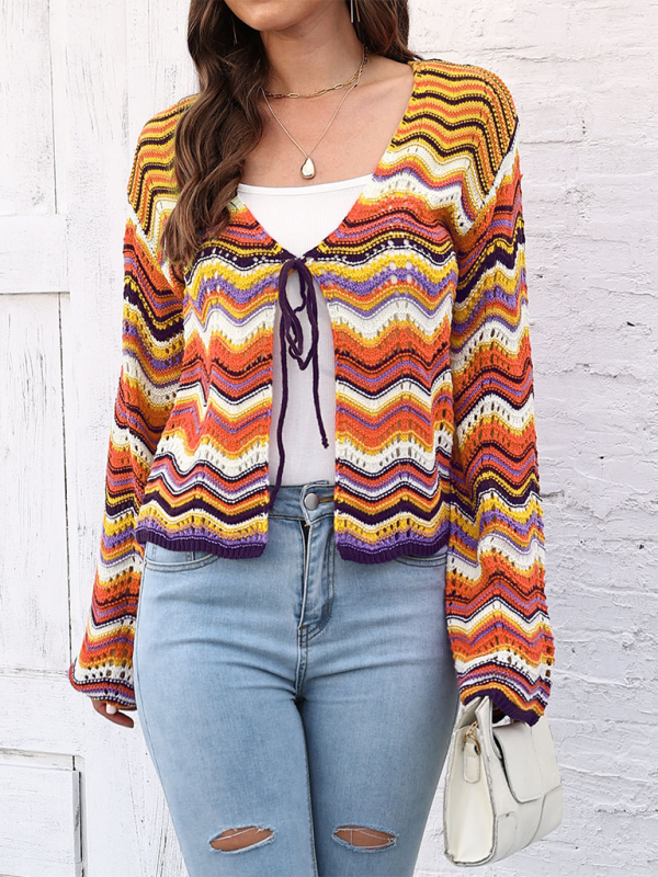 Rainbow Wave Woven Cardigan Sweater with Monochrome Stripes-[Adult]-[Female]-2022 Online Blue Zone Planet