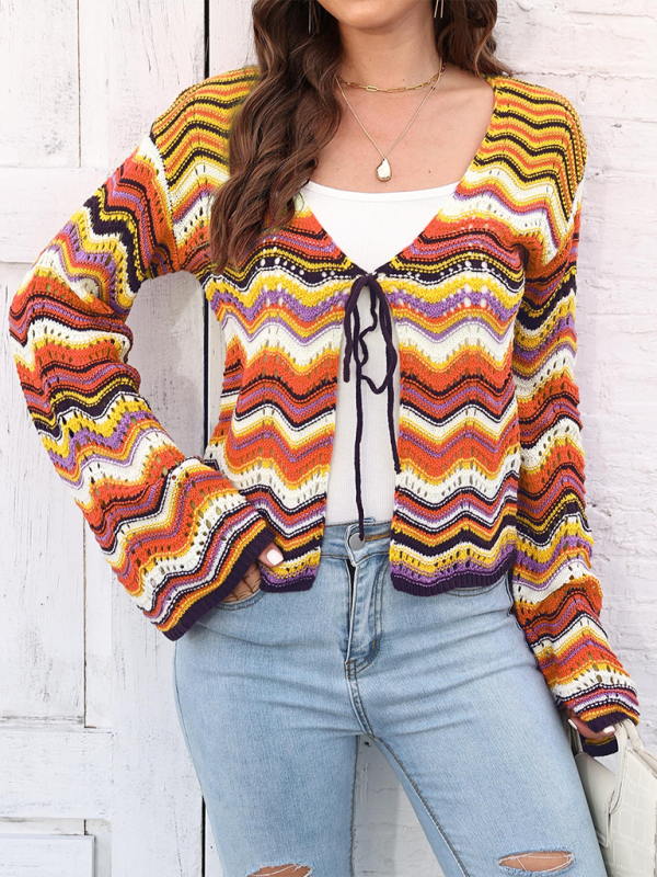 Rainbow Wave Woven Cardigan Sweater with Monochrome Stripes-[Adult]-[Female]-Yellow-S-2022 Online Blue Zone Planet