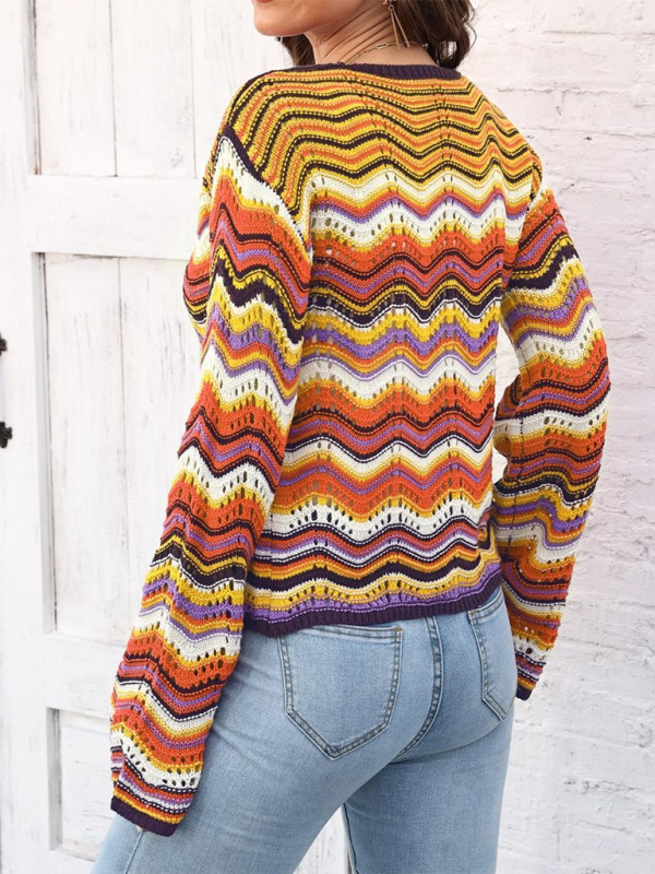 Rainbow Wave Woven Cardigan Sweater with Monochrome Stripes-[Adult]-[Female]-2022 Online Blue Zone Planet