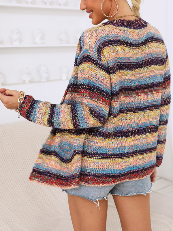 Heather Stripe Woven Warm Jacket Double Pocket Buttonless Cardigan Sweater-[Adult]-[Female]-2022 Online Blue Zone Planet