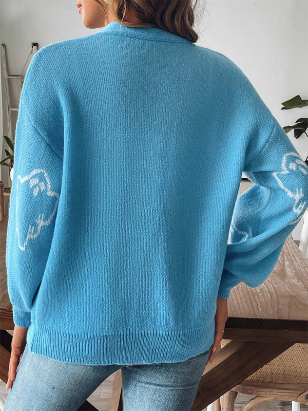 Loose Button Sweater Cartoon Jacquard Cardigan-[Adult]-[Female]-2022 Online Blue Zone Planet