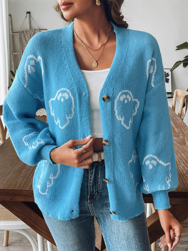 Loose Button Sweater Cartoon Jacquard Cardigan-[Adult]-[Female]-2022 Online Blue Zone Planet