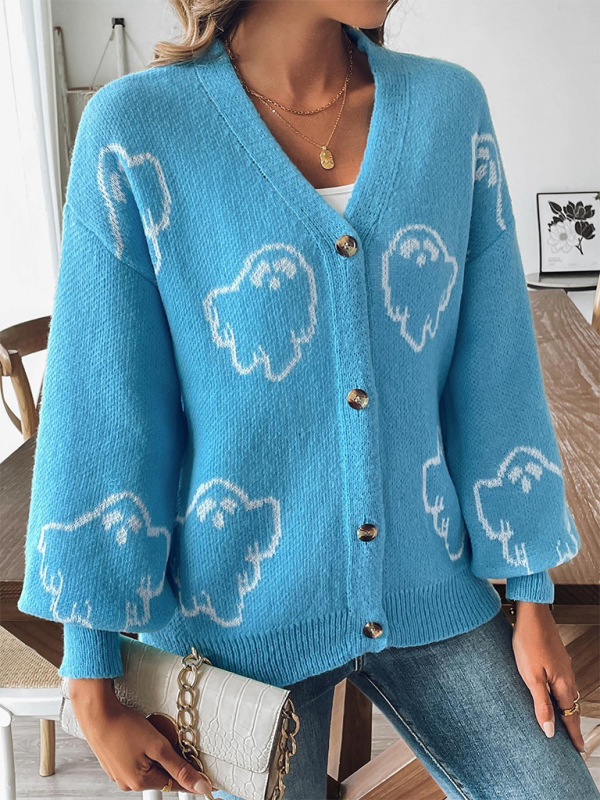 Loose Button Sweater Cartoon Jacquard Cardigan-[Adult]-[Female]-2022 Online Blue Zone Planet