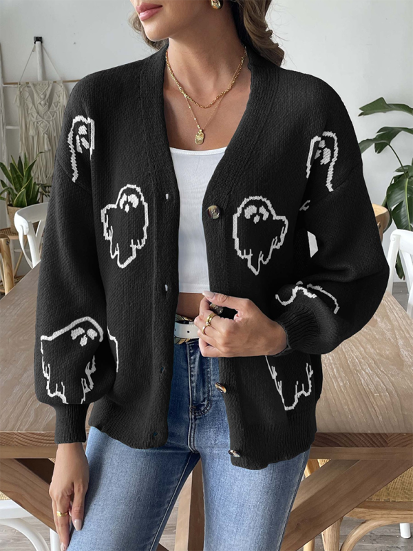 Loose Button Sweater Cartoon Jacquard Cardigan-[Adult]-[Female]-Black-S-2022 Online Blue Zone Planet